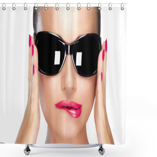 Personality  Beautiful Model In Black Fashion Sunglasses. Bright Makeup And M Shower Curtains