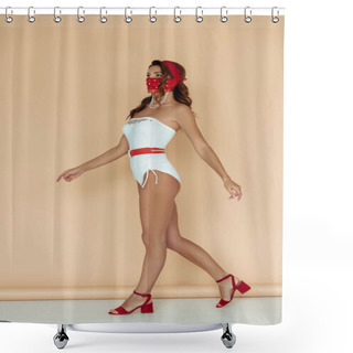 Personality  Young Woman In Bathing Suit And Mask Walking On Beige  Shower Curtains