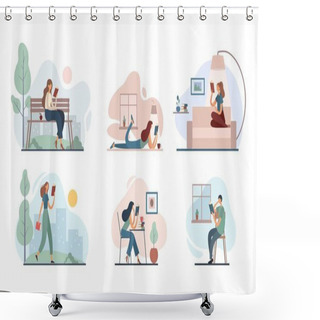 Personality  Modern People Enjoying Reading Of Books. Set Of Flat Illustrations Shower Curtains