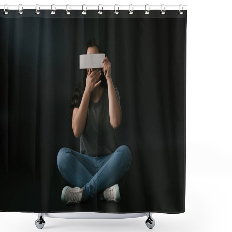 Personality  Front View Of Plus Size Girl Covering Face With Hand And Empty Card And Sitting On Black Background Shower Curtains