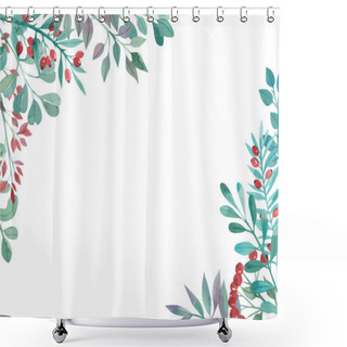 Personality  Watercolor Frame Of Green Twigs And Red Berries, Spring Plants, Summer Time Shower Curtains