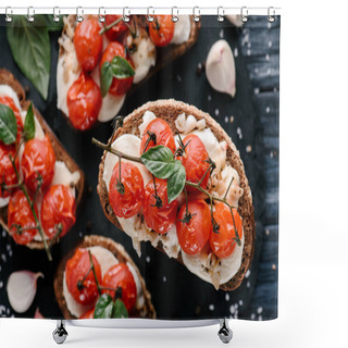 Personality  Delicious Sandwiches With Mozzarella And Baked Tomatoes On Dark Wooden Table Shower Curtains
