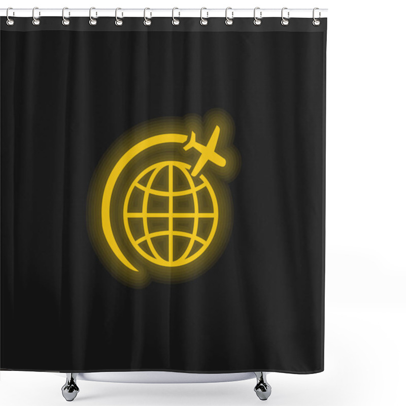 Personality  Airplane Flight In Circle Around Earth yellow glowing neon icon shower curtains