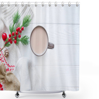 Personality  White Woolen Sweater With Christmas Ornament And A Cup Og Hot Cacao On White Wooden Background. Christmas Red Decoration. Space For Greeting, Copy Space.  Shower Curtains