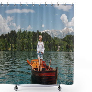 Personality  Beautiful Young Woman In Sunglasses Standing In Boat At Tranquil Mountain Lake, Bled, Slovenia Shower Curtains