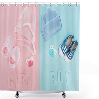 Personality  Top View Of Pacifiers, Hat, Bonnet, Booties,sneakers And Boy, Girl Lettering  Shower Curtains
