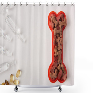 Personality  Top View Of Plastic Bone With Dog Food, Pills And Ampoules With Medical Liquid On White Surface Shower Curtains