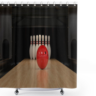Personality  Red Bowling Ball On A Wooden Track With Pins Shower Curtains