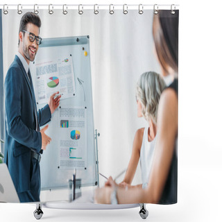 Personality  Smiling Businessman Pointing On Flipchart During Presentation For Businesswomen In Office Shower Curtains