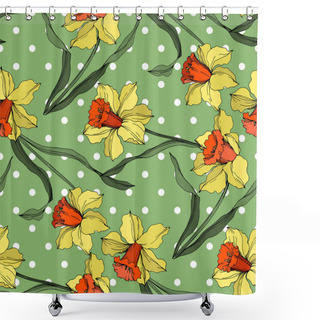 Personality  Vector Narcissus Floral Botanical Flower. Yellow And Green Engraved Ink Art. Seamless Background Pattern. Shower Curtains