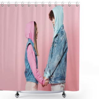 Personality  Side View Of Smiling Teenagers In Hoodies Holding Hands Isolated On Pink  Shower Curtains