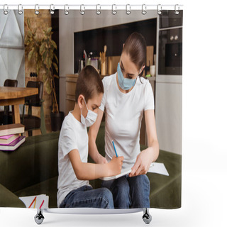 Personality  Mother And Kid In Medical Masks Drawing With Color Pencils On Paper Near Books On Couch  Shower Curtains