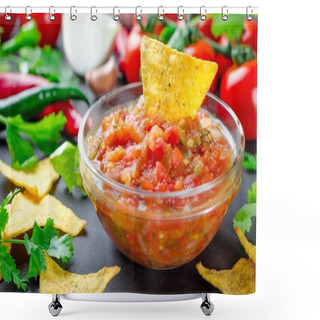Personality  Traditional Mexican Homemade Salsa Sauce With Ingredients, Tomat Shower Curtains