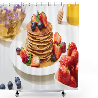 Personality  Selective Focus Of Delicious Pancakes With Honey, Blueberries And Strawberries On Plate On White Surface Shower Curtains