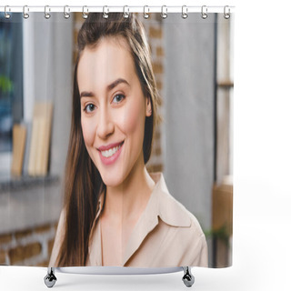 Personality  Portrait Of Beautiful Young Businesswoman Smiling At Camera Shower Curtains