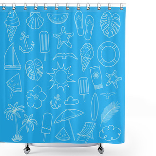 Personality  Summer Icons On Blue Background - Big Collection. Vector. Shower Curtains