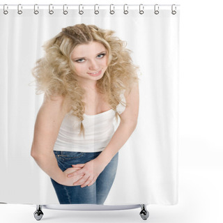 Personality  Beautiful Girl With Blond Curly Hair Shower Curtains
