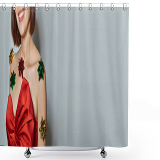 Personality  Happy New Year Banner, Woman In Red Attire With Bows All Over Her Body Smiling On Grey Backdrop Shower Curtains
