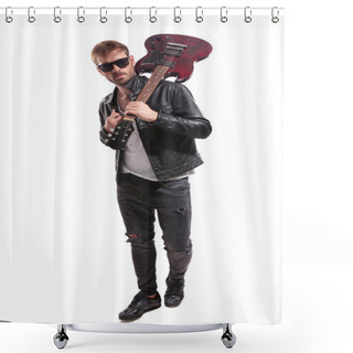 Personality  Fashion Man With Guitar On Shoulder Walking On White Background While Holding Leather Jacket's Collar, Full Body Picture Shower Curtains