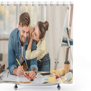 Personality  Happy Young Woman Hugging Smiling Boyfriend Marking Blueprint With Level Tool During House Repair Shower Curtains