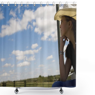 Personality  Girl On Farm Wearing Cowboy Hat Shower Curtains