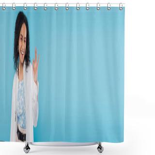 Personality  Cheerful African American Woman Looking At Camera And Showing Okay Sign Isolated On Blue, Banner Shower Curtains