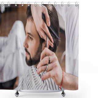 Personality  Cropped Shot Of Barber Cutting Hair Of Customer With Scissors Shower Curtains