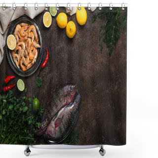 Personality  Raw Fish, Chili Peppers, Shrimp, Herbs With Lemons And Tablecloth On Dark Table Top    Shower Curtains