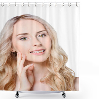 Personality  Woman With Braces Smiling Shower Curtains