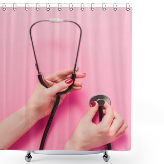 Personality  Cropped Shot Of Woman Holding Stethoscope On Pink Shower Curtains