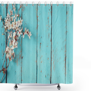 Personality  Image Of Spring White Cherry Blossoms Tree On Blue Wooden Table. Vintage Filtered Image Shower Curtains