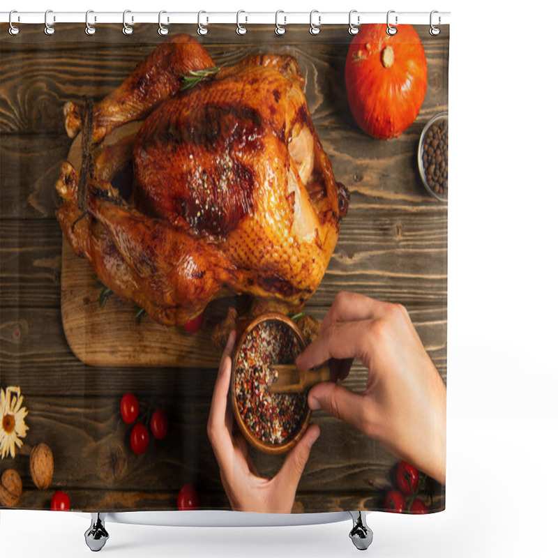 Personality  Thanksgiving Concept, Cropped View Of Man Holding Wooden Bowl With Spices Near Roasted Turkey Shower Curtains