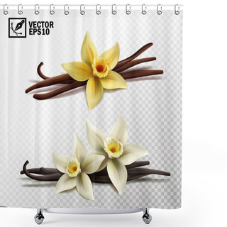 Personality  3d Realistic Vector Isolated Vanilla Sticks And Vanilla Flowers In Yellow And White Shower Curtains