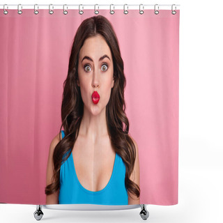 Personality  Closeup Photo Of Pretty Curly Lady Sending Air Kisses Boyfriend Flirty Mood Shiny Red Lipstick Tender Lips Wear Casual Blue Tank-top Isolated Pink Bright Color Background Shower Curtains