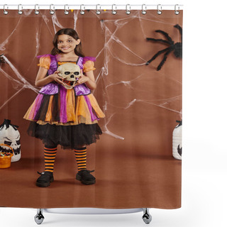 Personality  Cheerful Girl In Dress Holding Skull And Smiling On Brown Background, Halloween Spooky Season Shower Curtains