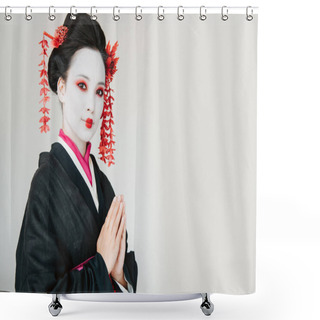 Personality  Smiling Beautiful Geisha In Black Kimono With Greeting Hands Isolated On White With Copy Space Shower Curtains