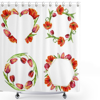 Personality  Amazing Red Tulip Flowers With Green Leaves. Hand Drawn Botanical Flowers. Watercolor Backgrounds Set. Ornamental Wreath, Square, Heart And Gold Crystal Frames  Shower Curtains