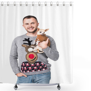 Personality  Portrait Of Smiling Man In Festive Winter Sweater With Little Chihuahua Dog Isolated On White Shower Curtains