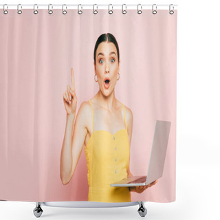 Personality  Surprised Brunette Young Woman Using Laptop And Showing Idea Gesture On Pink Shower Curtains