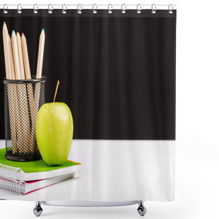 Personality  Notebooks, Pencils And Apple Isolated On Black With Copy Space Shower Curtains