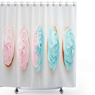 Personality  Panoramic Shot Of Tasty Colorful Cupcakes With Sprinkles Isolated On White Shower Curtains