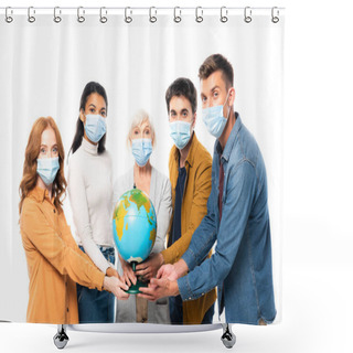 Personality  Multicultural People In Medical Masks Looking At Camera While Holding Globe Isolated On White Shower Curtains