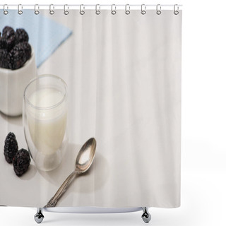 Personality  High Angle View Of Teaspoon, Glass Of Homemade Yogurt And Sugar Bowl With Blackberries On White  Shower Curtains