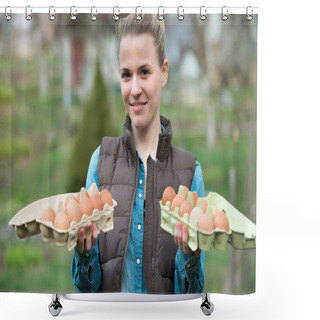 Personality  Smiling Young Woman Holding Fresh Chicken Eggs In Hands Outdoors Shower Curtains