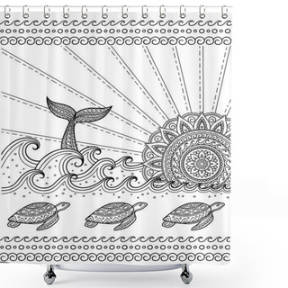 Personality  Whale Diving Into Sea Against The Sunset And Seamless Wave Pattern With Floating Turtles. Coloring Book Page Antistress - Ocean Landscape With Waves, Mandala In Form Of Sun, Fish Tail. Shower Curtains