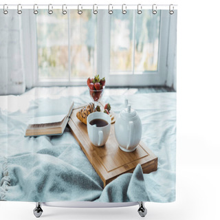 Personality  Appetizing Breakfast And Open Book On Bed In Bedroom Shower Curtains