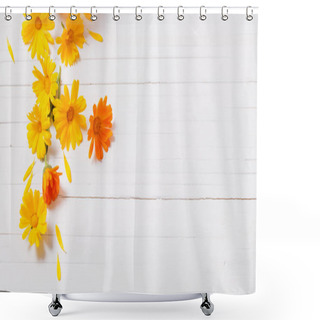 Personality  Calendula (Marigold) Herbal Tea  On White Wooden Table Shower Curtains