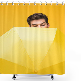 Personality  Handsome Man Covering Face With Umbrella And Looking Down Isolated On Yellow Shower Curtains