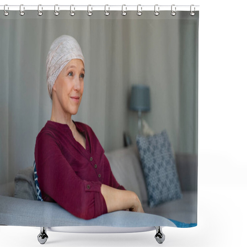 Personality  Portrait Of Mature Woman Recovering After Chemotherapy. Senior Woman Fighting Breast Cancer And Wearing A Headscarf. Hopeful Ill Lady At Home Covering Head With Scarf Looking Away While Sitting On Sofa. Shower Curtains