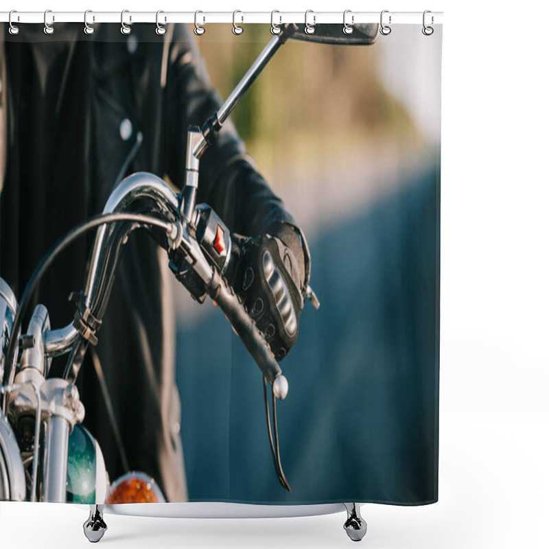 Personality  Cropped View Of Biker Sitting On Classic Motorcycle Shower Curtains